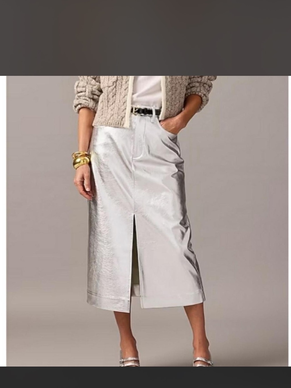 J. Crew Metallic Silver Midi Pencil Skirt with Front Slit